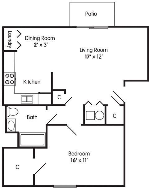 Floor plan for 1 bed, 1 bath